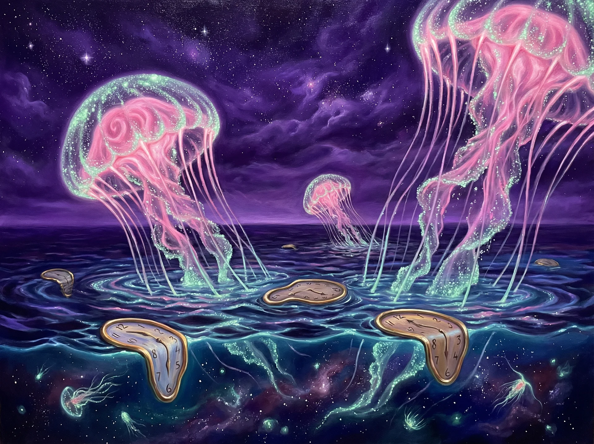 超现实梦境画作 - 深海水母与融化时钟，关联 凤凰彩票 幸运号码